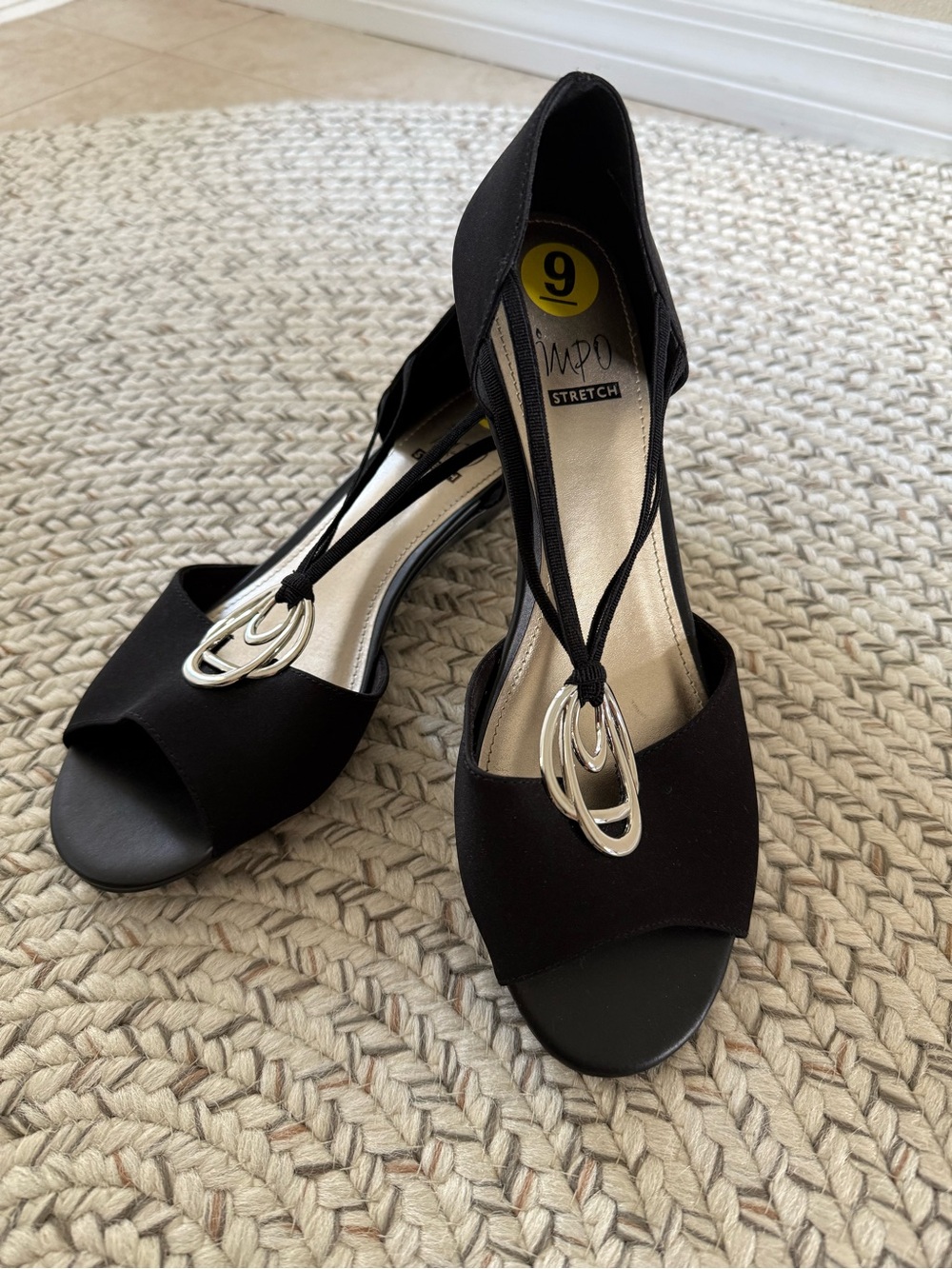 Impo Black Open-Toe Slingback Wedges with Silver Ring Accent NEW